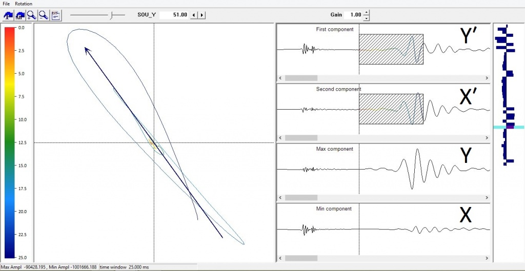 An illustration of the process of orienting the seismic record in XY plane in RadExPro Plus program